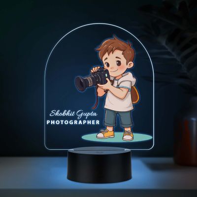 Personalized Photographer LED Night Light, Cartoon Boy with Camera Design, Color Changing Acrylic Lamp Gift for Photographer Boy Office & Home Decor Light